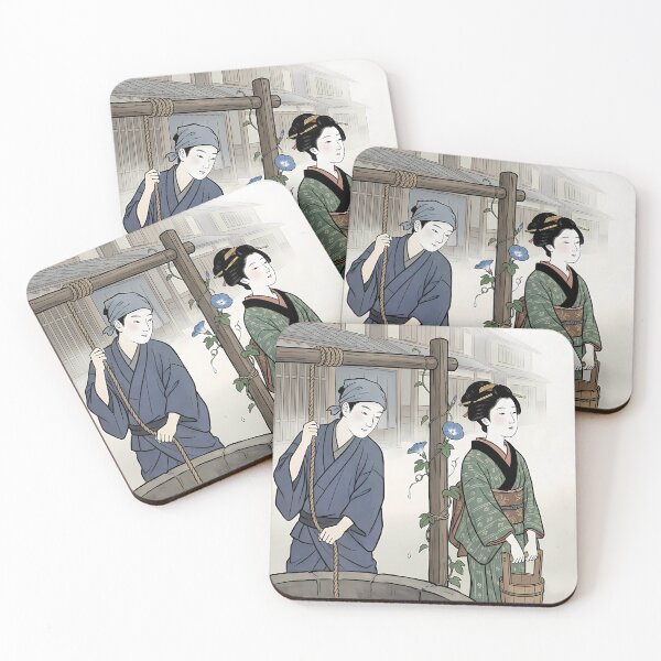 Item preview, Classic Edo Period Morning at Well with Morning Glories Ukiyo-e designed and sold by TokyoUkiyoHouse.
