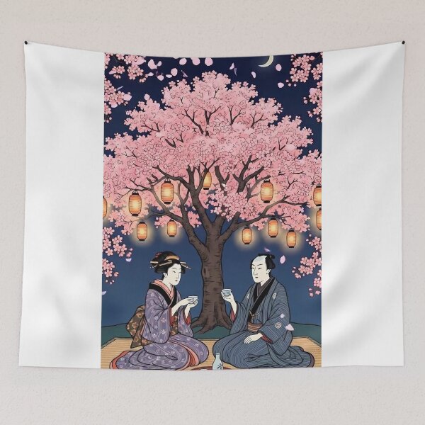 Aperçu de l'œuvre Couple romantique Hanami Nuit de cerisiers en fleurs Ukiyo-e créée et vendue par TokyoUkiyoHouse.