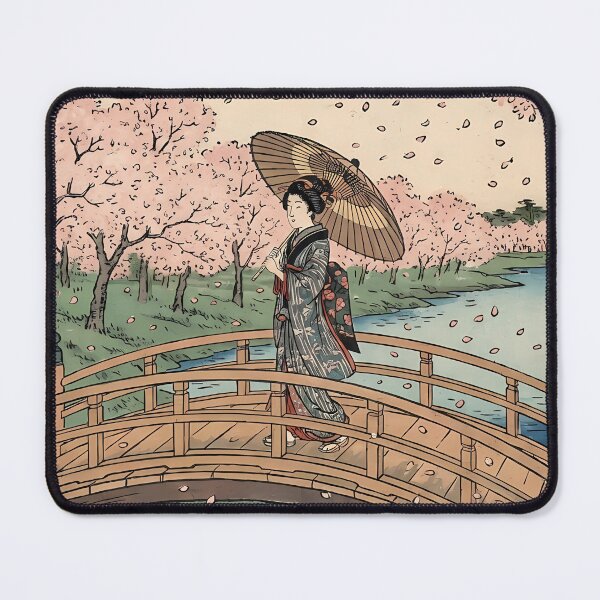Item preview, Beautiful Geisha and Cherry Blossoms on Wooden Bridge Ukiyo-e designed and sold by TokyoUkiyoHouse.