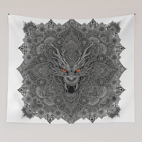 Item preview, Intricate Dragon Mandala – Detailed Black and Grey Floral Dragon Mandala Design designed and sold by Anime9122.