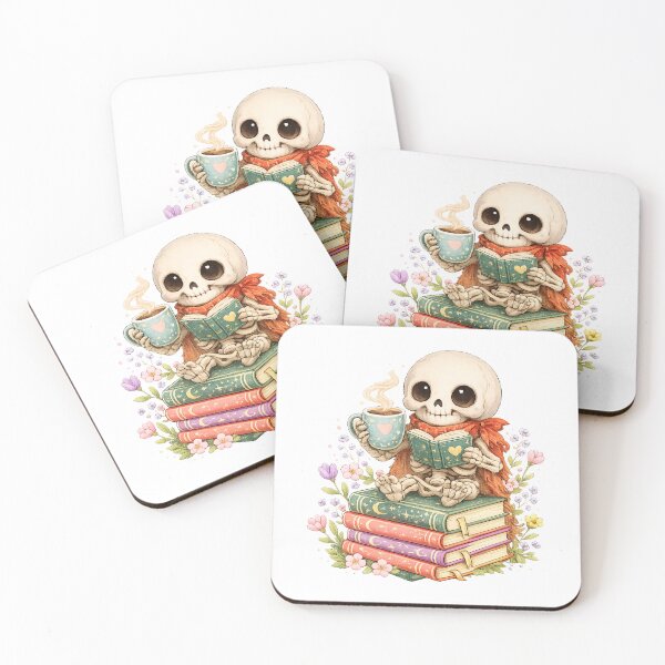 Item preview, Bookworm skeleton With Coffee Kawaii Reading designed and sold by QuiteOrbit.