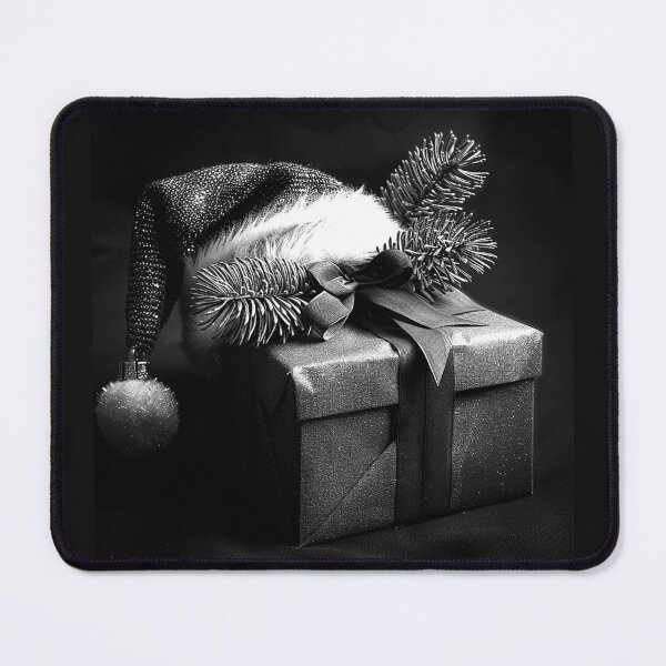 Item preview, Black and White Christmas Gift with Santa Hat and Evergreen Branches designed and sold by inkoutninja.