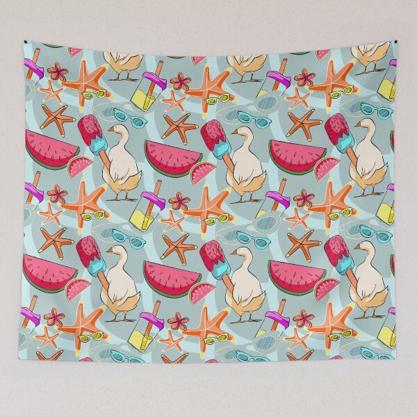 Item preview, Cool Summer Duck and Beach Elements Seamless Pattern on Mint Blue designed and sold by zanaxxer.