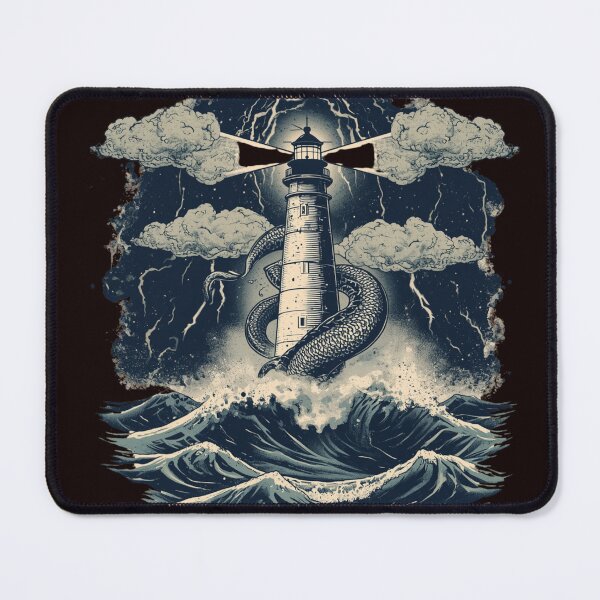 Item preview, Storm Lighthouse & Sea Serpent Vintage Nautical T-Shirt | Ocean Mythology Lighthouse Illustration designed and sold by Vvmd.