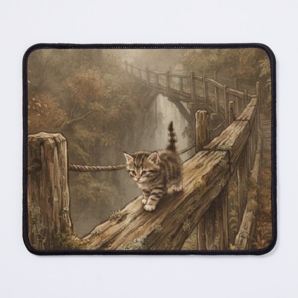 Item preview, Tiny Kitten Walking on a Giant Wooden Bridge Railing Miniature Illustration designed and sold by DuckOddity.