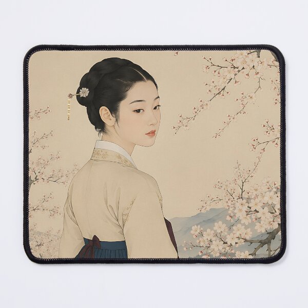 Item preview, Korean Maiden in a Cherry Blossom Garden – Joseon Dynasty Engraving Style designed and sold by AlaisMathieu.