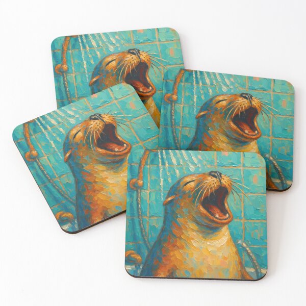 Item preview, Abstract Painting of Singing Seal Shower | Whimsical Cute Seal Illustration | Colorful Modern Bathroom Animal Wall Art Print designed and sold by PaintedPixels01.