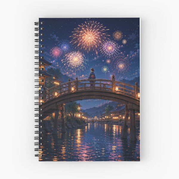 Item preview, Summer Bridge Fireworks - Japanese Festival Anime Art designed and sold by SEIMEI2025.