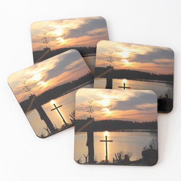 Item preview, Silhouette of a christian cross by the lake at dramatic golden sunset designed and sold by Reveka1337.