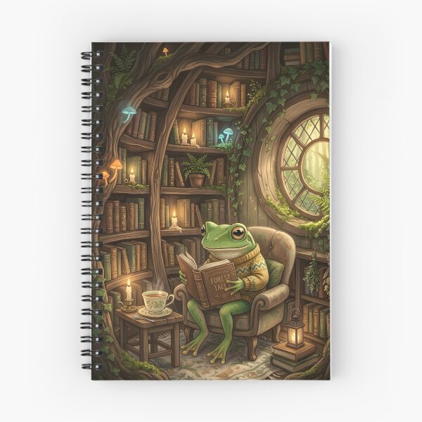 Item preview, Frog Reading in a Woodland Library – Cozy Cottagecore Book Lover Frog Art Print designed and sold by ZyxDes.