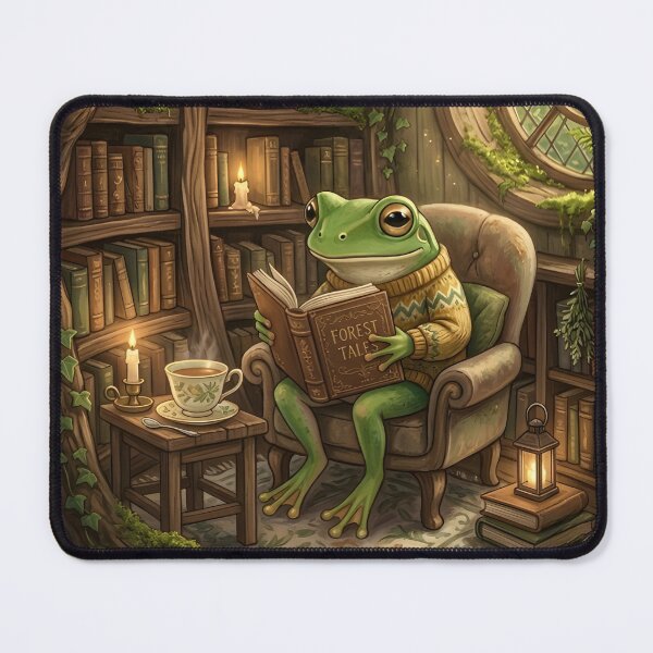 Item preview, Frog Reading in a Woodland Library – Cozy Cottagecore Book Lover Frog Art Print designed and sold by ZyxDes.