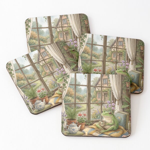 Item preview, Cozy Frog Drinking Tea by the Window – Cottagecore Rainy Day Frog Wall Art designed and sold by ZyxDes.
