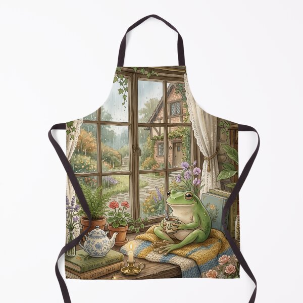 Item preview, Cozy Frog Drinking Tea by the Window – Cottagecore Rainy Day Frog Wall Art designed and sold by ZyxDes.