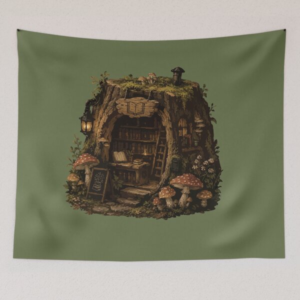 Item preview, Cozy Tree Stump Library Cottagecore Forest Bookshop & Woodland Reading Nook designed and sold by SimplePoDesign.