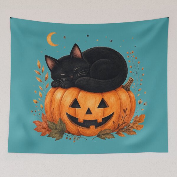 Item preview, Cozy Black Cat Sleeping on Pumpkin Cute Halloween Watercolor designed and sold by HopeAndHustle.