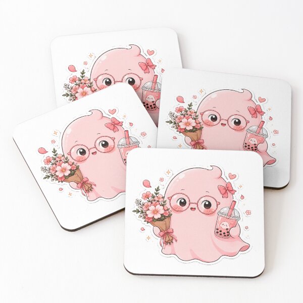 Item preview, cute pink ghost with flower and boba tea designed and sold by joy81.