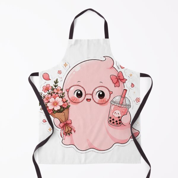 Item preview, cute pink ghost with flower and boba tea designed and sold by joy81.