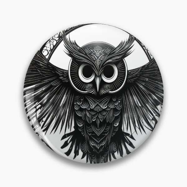 Artikelvorschau, Mystic Owl Crest – Monochrome Winged Guardian Emblem entworfen und verkauft von Artisan Finds Online.