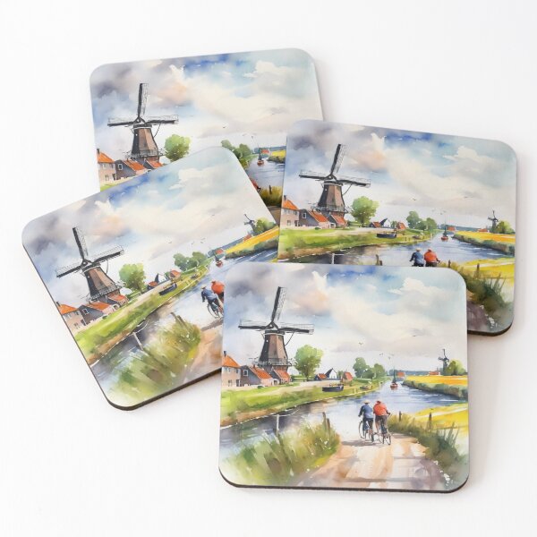 Item preview, Sunlit Windmill Path Cycling Netherlands Watercolor designed and sold by UmSkelig834.