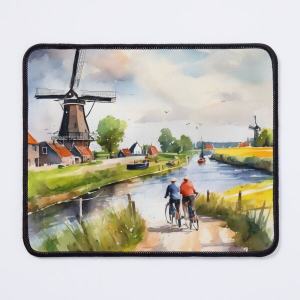 Item preview, Sunlit Windmill Path Cycling Netherlands Watercolor designed and sold by UmSkelig834.