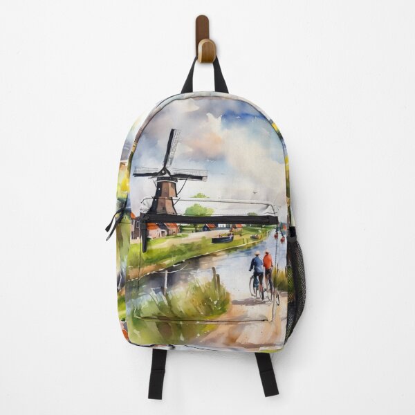 Item preview, Sunlit Windmill Path Cycling Netherlands Watercolor designed and sold by UmSkelig834.