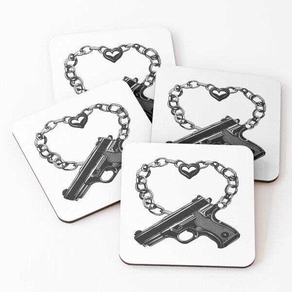 Item preview, Heart and Handgun – Monochrome Love & Danger Graphic Illustration designed and sold by Artisan Finds Online.