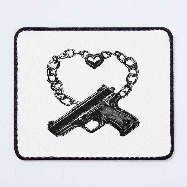 Item preview, Heart and Handgun – Monochrome Love & Danger Graphic Illustration designed and sold by Artisan Finds Online.