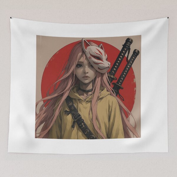 Item preview, Kitsune Mask Samurai Girl - Pink Hair Katana Warrior designed and sold by Sakura-MochiMochi.
