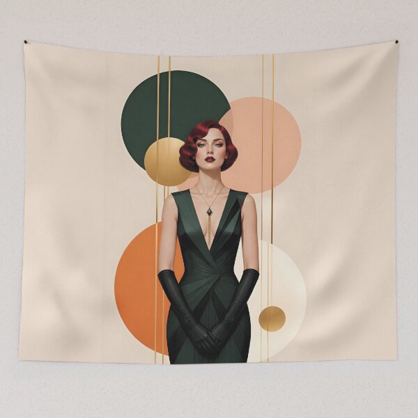 Item preview, 1920s Flapper Woman with burgundy red hair in Modern Minimalist Art Style with orange designed and sold by Lucia Amaris Art.