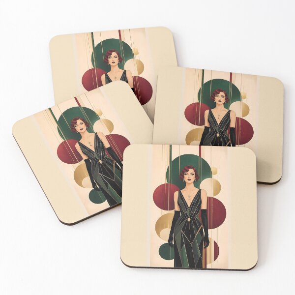 Item preview, 1920s Flapper Woman with burgundy red hair in Modern Minimalist Art Style with maroon designed and sold by Lucia Amaris Art.