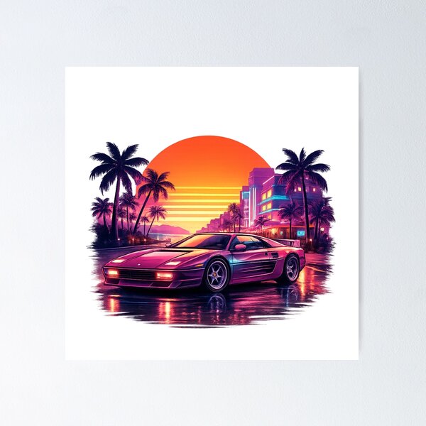 Item preview, Retro 80s Neon Sports Car Sunset | Synthwave Miami Palm Trees Vaporwave T-Shirt Design GTA VI designed and sold by Evv_u.