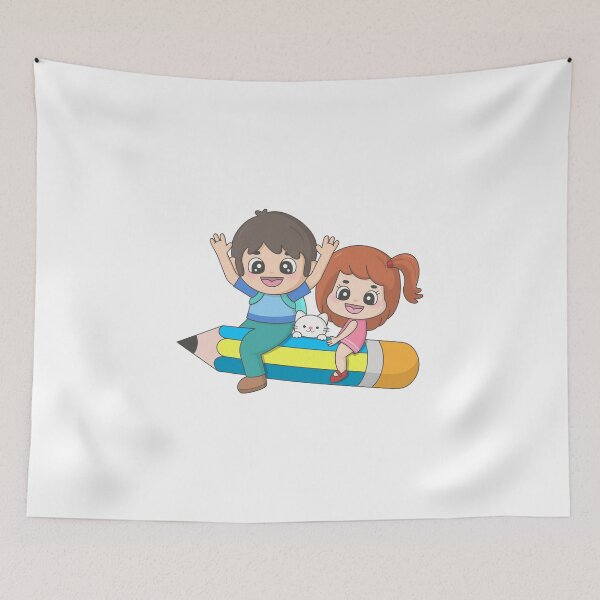 Item preview, Cute cartoon school boy and girl with pet cat riding on a big pencil designed and sold by nuchz.