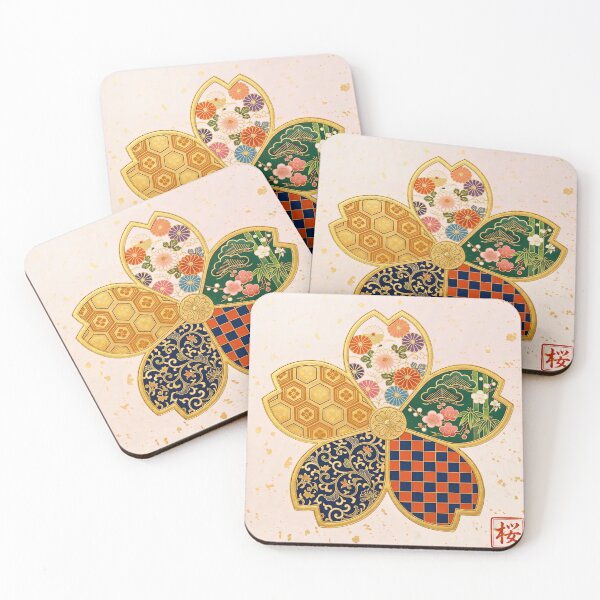 Item preview, Sakura — Japanese Cherry Blossom Crest Art Print | Chrysanthemum & Checkerboard Kamon Pattern designed and sold by KimonoKotoba.