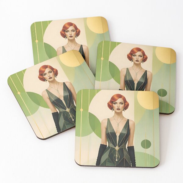 Item preview, 1920s Flapper Woman with orange red hair in Modern Minimalist Art Style with green 2 designed and sold by Lucia Amaris Art.