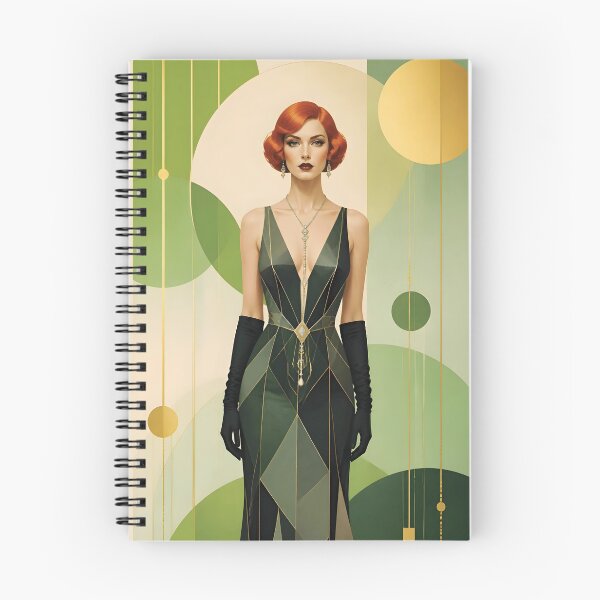 Item preview, 1920s Flapper Woman with orange red hair in Modern Minimalist Art Style with green 2 designed and sold by Lucia Amaris Art.