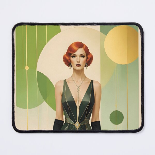 Item preview, 1920s Flapper Woman with orange red hair in Modern Minimalist Art Style with green 2 designed and sold by Lucia Amaris Art.