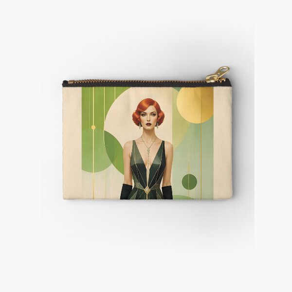Item preview, 1920s Flapper Woman with orange red hair in Modern Minimalist Art Style with green 2 designed and sold by Lucia Amaris Art.