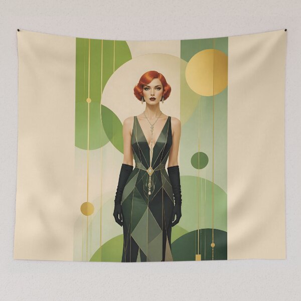 Item preview, 1920s Flapper Woman with orange red hair in Modern Minimalist Art Style with green 2 designed and sold by Lucia Amaris Art.