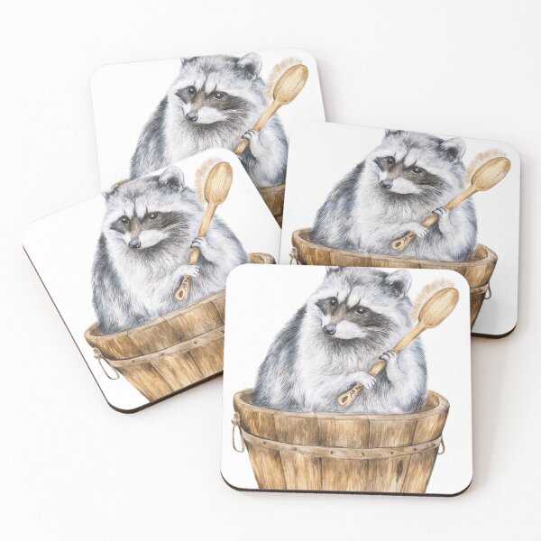 Item preview, Cute Watercolor Raccoon in Wooden Bath Tub Illustration designed and sold by JossDesign15.