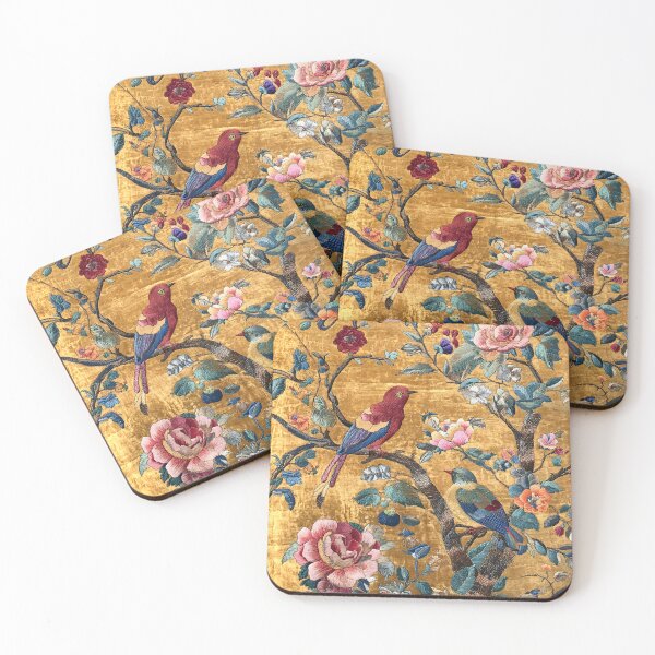 Item preview, Antique Chinese Luxury Silk Floral Embroidery Golden Birds Carpet designed and sold by GrinGalore.