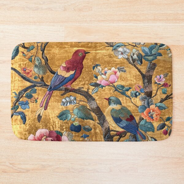 Item preview, Antique Chinese Luxury Silk Floral Embroidery Golden Birds Carpet designed and sold by GrinGalore.