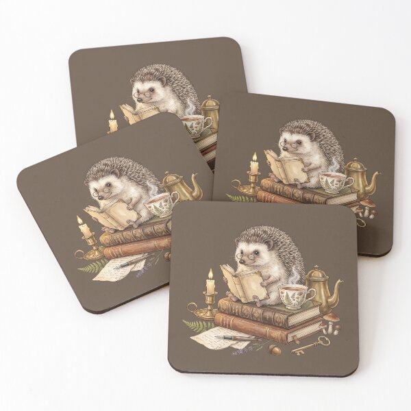 Item preview, Reading Hedgehog with Tea & Vintage Books | Cozy Cottagecore Watercolor Illustration designed and sold by Whimwick.