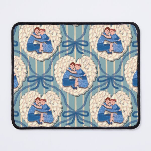 Item preview, Mid-century pattern of a couple embracing on a white rice cake, with blue watercolor details designed and sold by WONDERPRINTVALLEY.