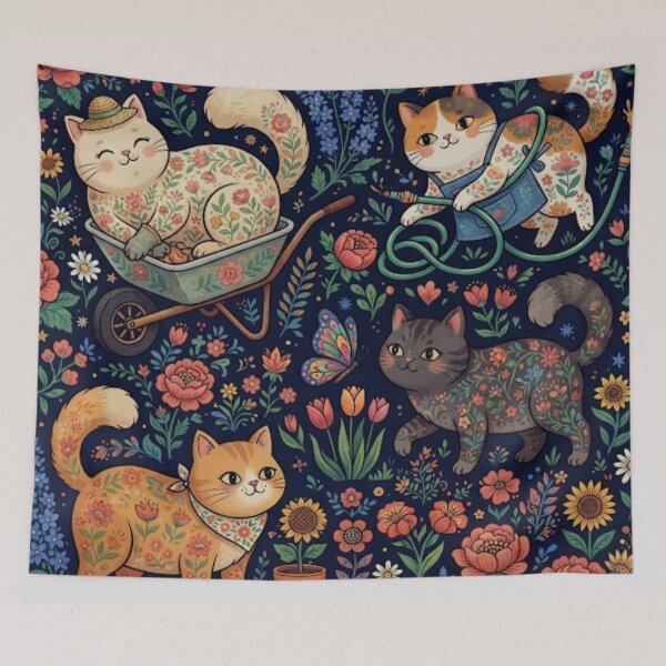 Item preview, Cute Folk Art Cats Floral Seamless Pattern designed and sold by Iampoji.