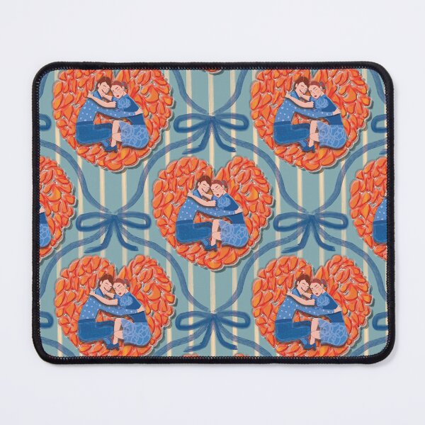 Item preview, Mid-century pattern of a couple embracing on an orange rice cake, with blue watercolor details designed and sold by WONDERPRINTVALLEY.