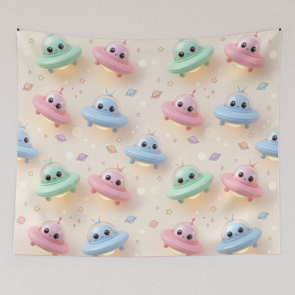 Item preview, Cute Kawaii Chibi UFOs in Pastel Cosmic Space designed and sold by krazzyremo.