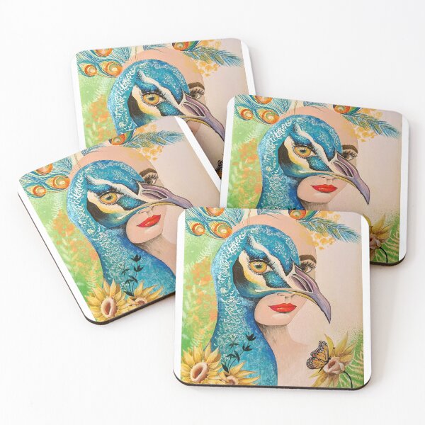 Item preview, Surreal Peacock Woman Portrait with Butterfly and Sunflowers designed and sold by DreamyBrushArt.