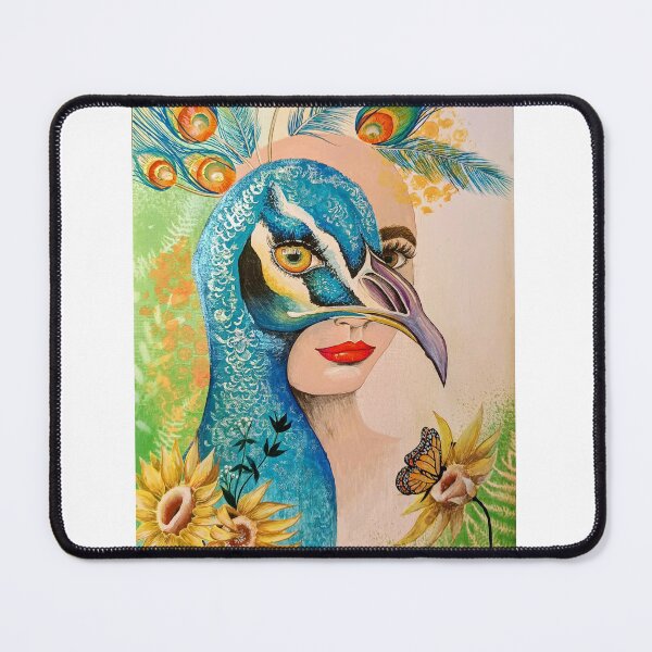 Item preview, Surreal Peacock Woman Portrait with Butterfly and Sunflowers designed and sold by DreamyBrushArt.