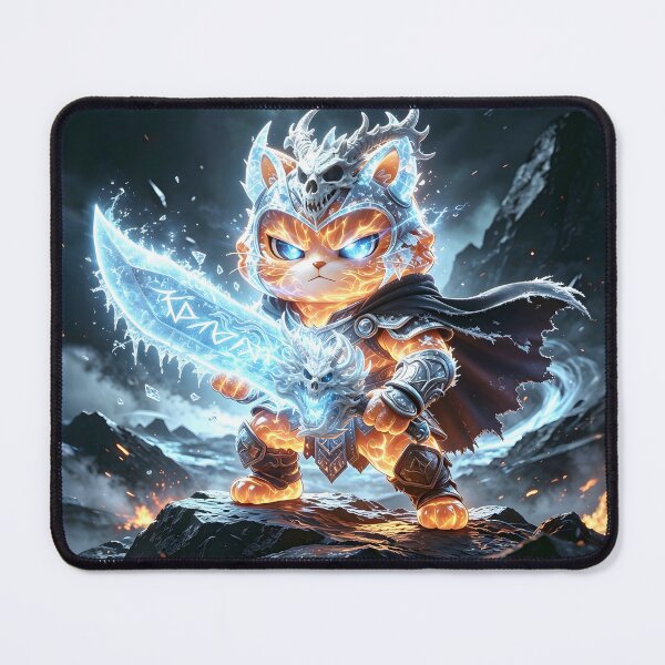Item preview, The Frost-Forged Hero - Mythical Orange Cat Warrior Fantasy Art designed and sold by ABYSSLAB.