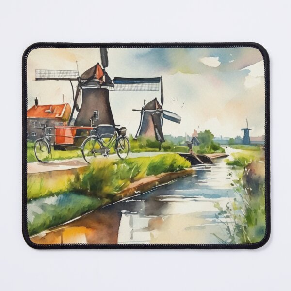 Item preview, Dutch Canal Reflections with Windmill and Bicycle Watercolor designed and sold by UmSkelig834.